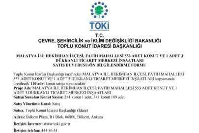 Hekimhan'da 110 Adet Konut Kura İle Satılacak